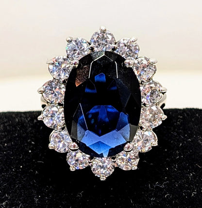 Designer Kenneth Jay Leno Silver Toned Lab-Created Sapphire Classic Statement Ring - Size 7 - Vintage KJL Silver Sapphire Cocktail Ring