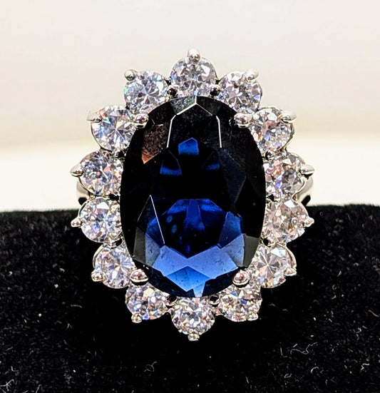 Designer Kenneth Jay Leno Silver Toned Lab-Created Sapphire Classic Statement Ring - Size 7 - Vintage KJL Silver Sapphire Cocktail Ring