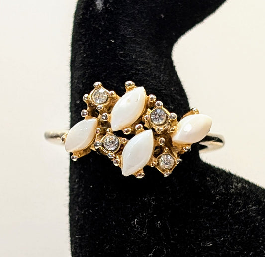 Elegant 1960s Uncas Gold Toned Opal and Rhinestone Ring - Size 7 - Vintage U Arrow Hallmark Faux Opal Inlayed Cocktail Ring