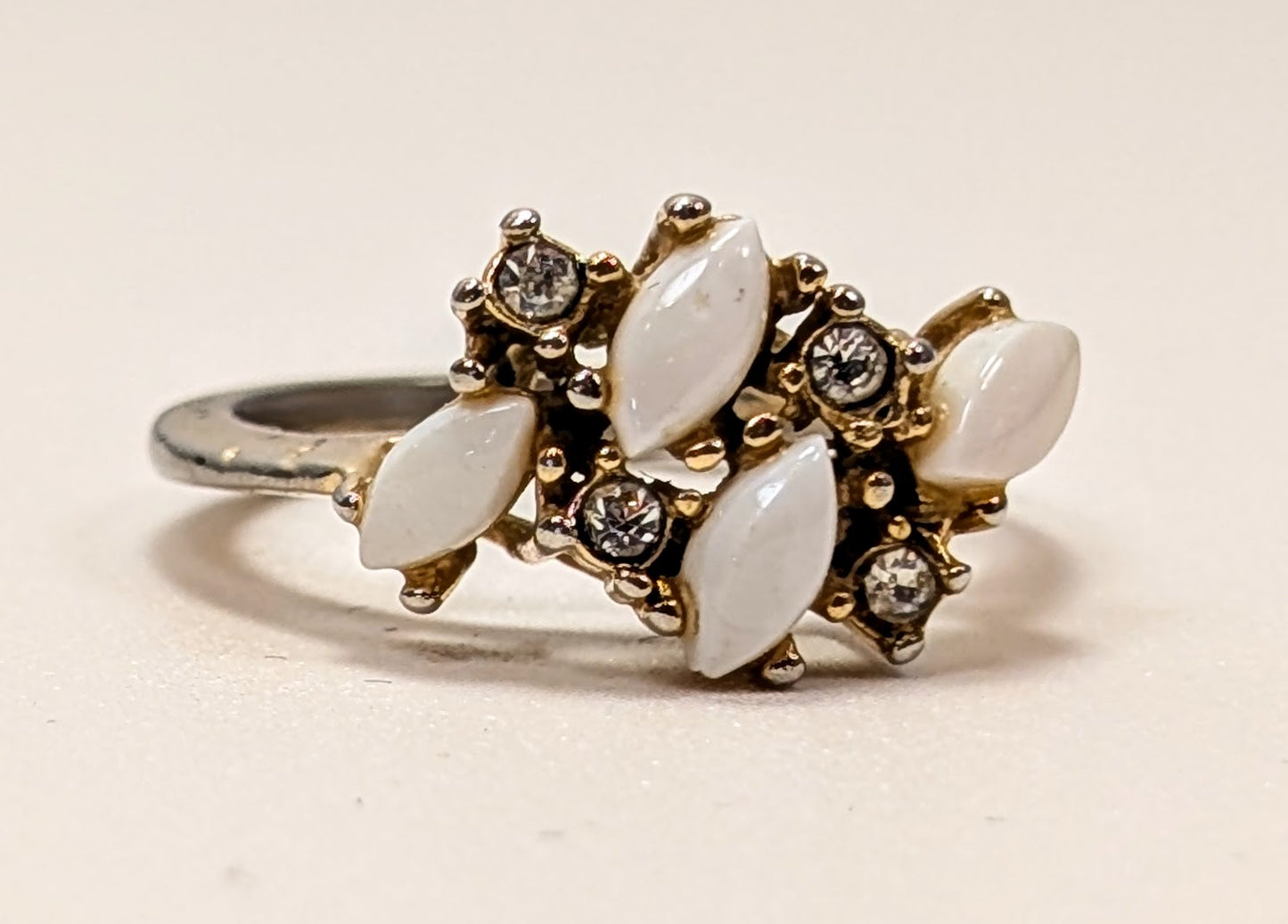 Elegant 1960s Uncas Gold Toned Opal and Rhinestone Ring - Size 7 - Vintage U Arrow Hallmark Faux Opal Inlayed Cocktail Ring