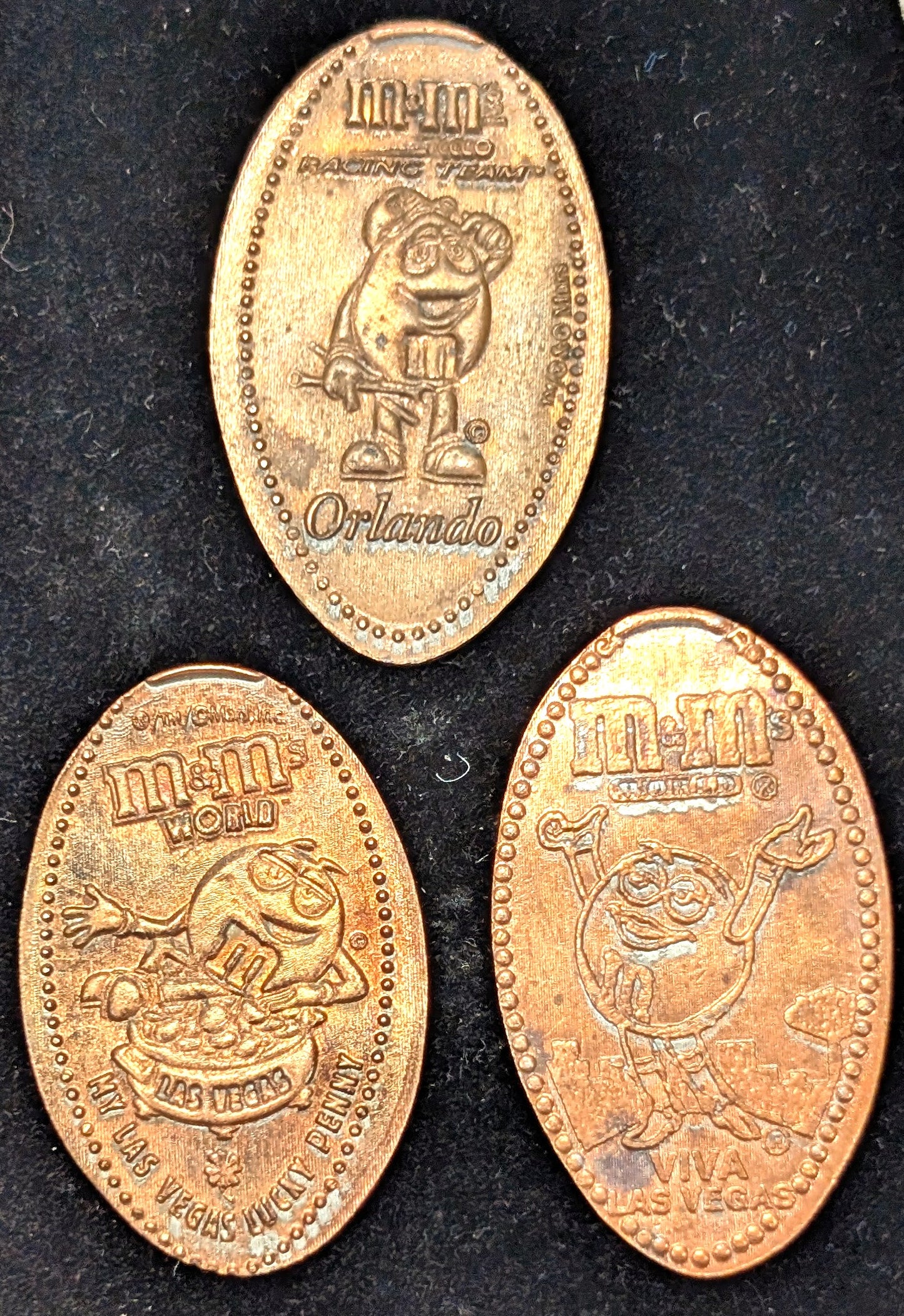 Lot of 3 M&M Elongated Pennies Las Vegas/Orlando - M&M World Las Vegas and M&M Racing Team Orlando Lot of Three Elongated Pennies