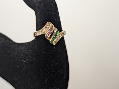 Scarce Roman Amethyst & Emerald Striped Ring - Size 8 - Coiled Ring Design