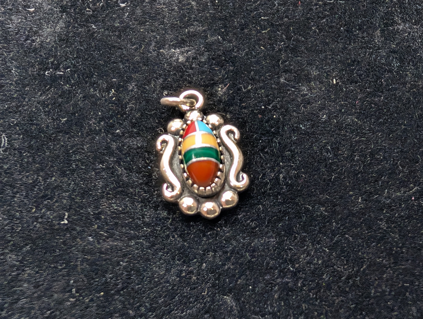 Rare Small Sterling Silver Native Southwest Turquoise & Coral Chip Inlay Pendant - Stamped and Tested Sterling Silver - Elongated Scroll - Wheeler Manufacturing