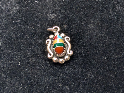 Rare Small Sterling Silver Native Southwest Turquoise & Coral Chip Inlay Pendant - Stamped and Tested Sterling Silver - Elongated Scroll - Wheeler Manufacturing