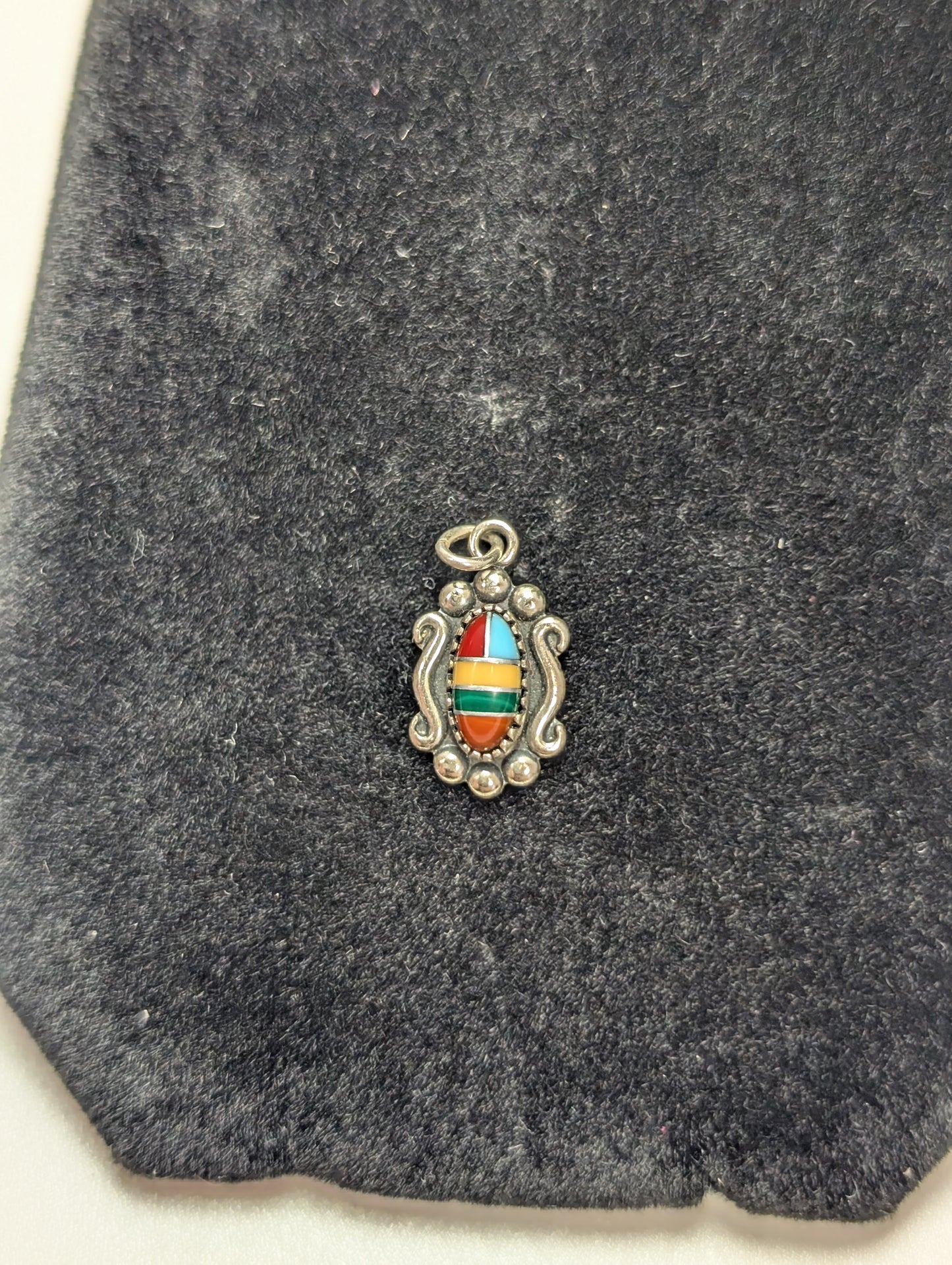 Rare Small Sterling Silver Native Southwest Turquoise & Coral Chip Inlay Pendant - Stamped and Tested Sterling Silver - Elongated Scroll - Wheeler Manufacturing