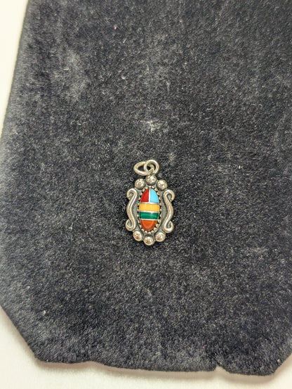 Rare Small Sterling Silver Native Southwest Turquoise & Coral Chip Inlay Pendant - Stamped and Tested Sterling Silver - Elongated Scroll - Wheeler Manufacturing
