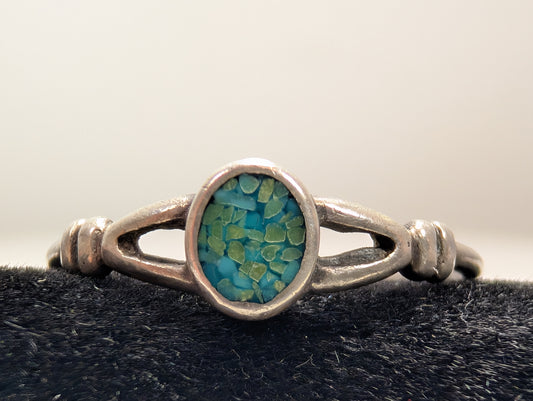 Dainty Sterling Silver Mosaic Turquoise Ring - Size 5.5 - Stamped and Tested Sterling Silver - Open Gallery
