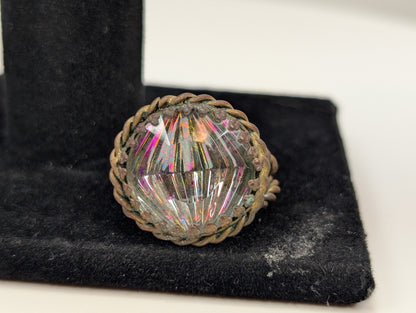 Glistening West Germany Brass Art Glass Twist Split Shank Ring - Size 5/6/Adjustable - Rainbow Glass Effect