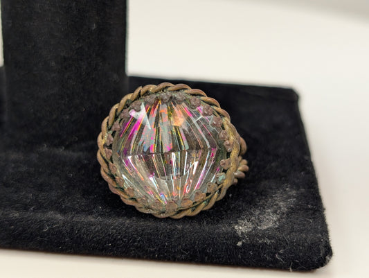 Glistening West Germany Brass Art Glass Twist Split Shank Ring - Size 5/6/Adjustable - Rainbow Glass Effect