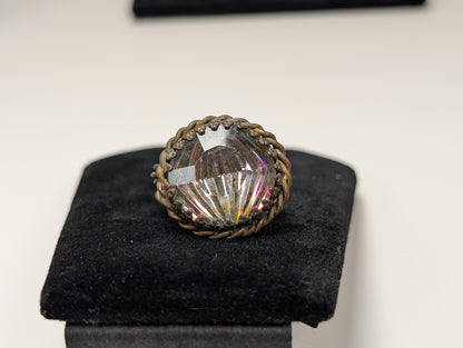 Glistening West Germany Brass Art Glass Twist Split Shank Ring - Size 5/6/Adjustable - Rainbow Glass Effect