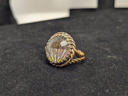 Glistening West Germany Brass Art Glass Twist Split Shank Ring - Size 5/6/Adjustable - Rainbow Glass Effect