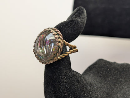 Glistening West Germany Brass Art Glass Twist Split Shank Ring - Size 5/6/Adjustable - Rainbow Glass Effect