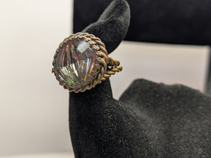 Glistening West Germany Brass Art Glass Twist Split Shank Ring - Size 5/6/Adjustable - Rainbow Glass Effect