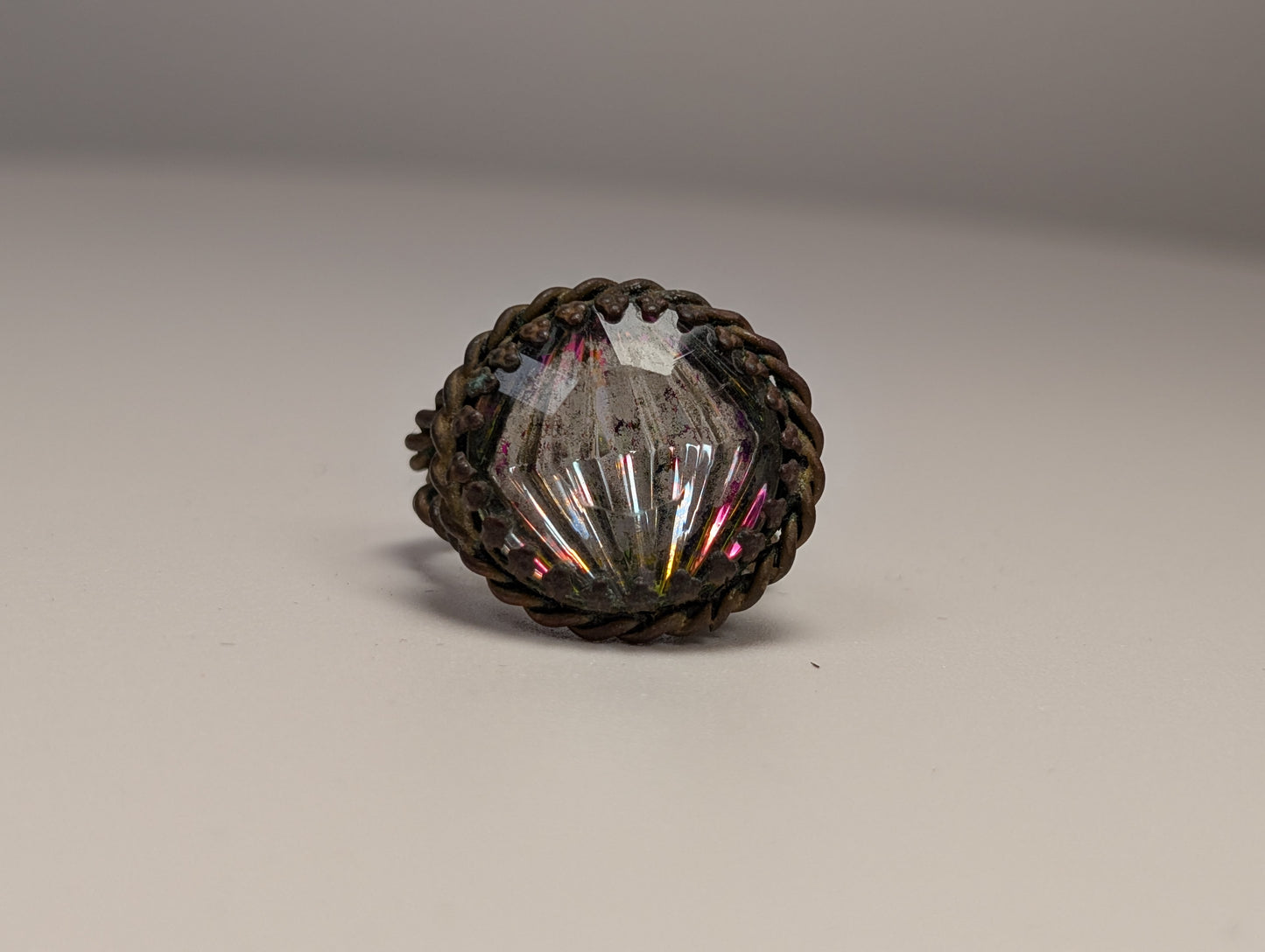 Glistening West Germany Brass Art Glass Twist Split Shank Ring - Size 5/6/Adjustable - Rainbow Glass Effect