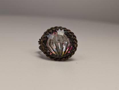 Glistening West Germany Brass Art Glass Twist Split Shank Ring - Size 5/6/Adjustable - Rainbow Glass Effect