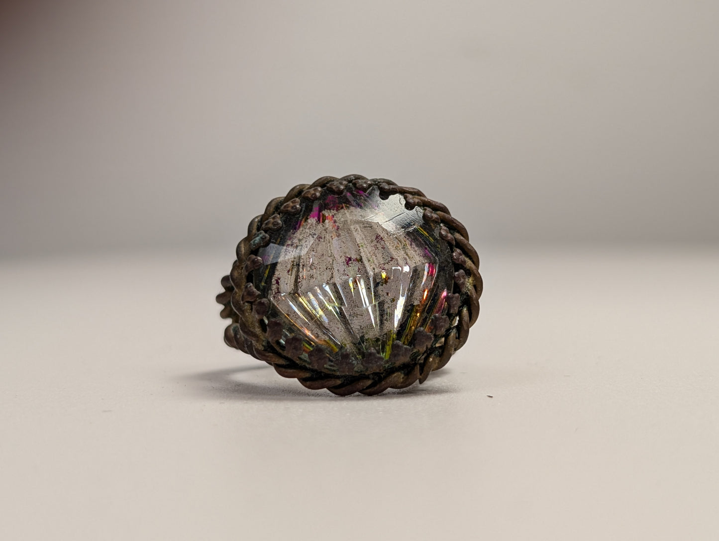 Glistening West Germany Brass Art Glass Twist Split Shank Ring - Size 5/6/Adjustable - Rainbow Glass Effect