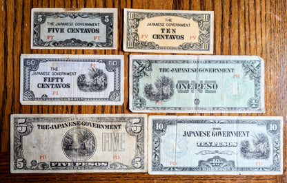 1942 Philippines Japanese Government Banknotes Full Set - WWII Occupied Philippines - 1942 Set of 6 Filipino Peso and Centavos Notes