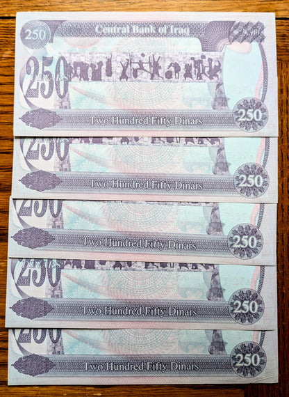 1995 Iraq 250 Dinars Note Consecutive Serial Set - Saddam Hussein Notes - Uncirculated (UNC) - 1995 Iraqi Two Hundred Fifty Dinars - P#85a