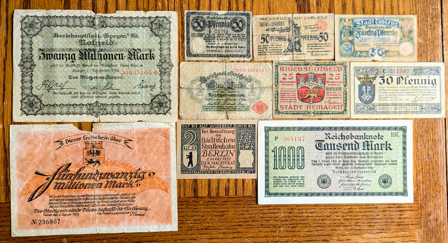 Lot of 10 German World War I Pfennig and Mark Notgeld Emergency Notes - Post-WWI German Inflation Note - Local and Government Issues