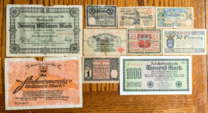 Lot of 10 German World War I Pfennig and Mark Notgeld Emergency Notes - Post-WWI German Inflation Note - Local and Government Issues