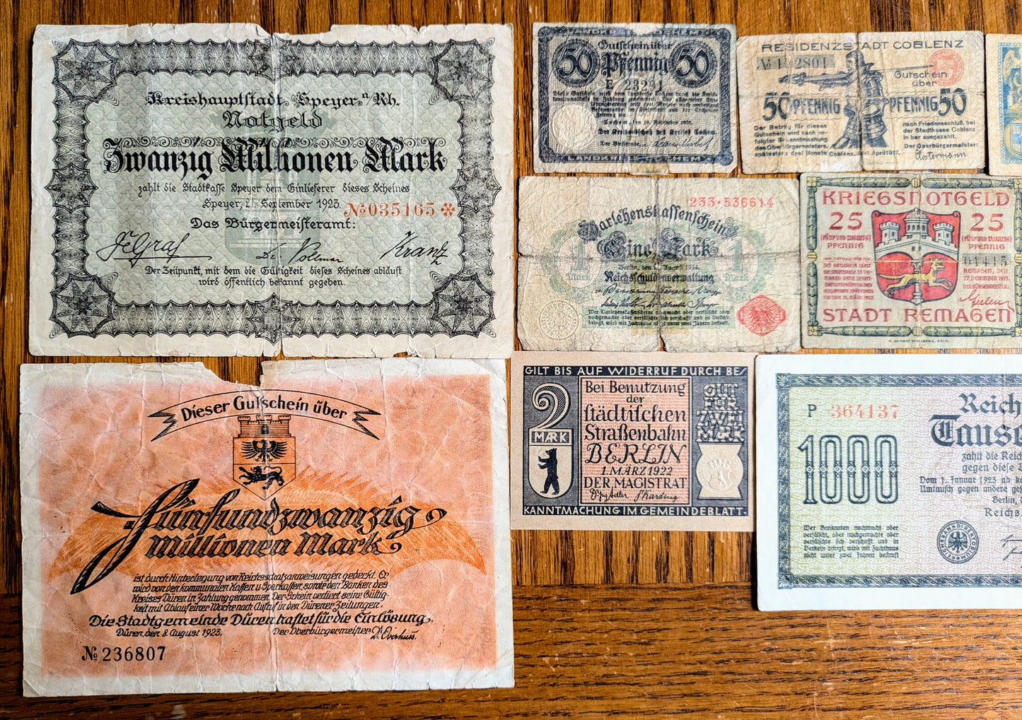 Lot of 10 German World War I Pfennig and Mark Notgeld Emergency Notes - Post-WWI German Inflation Note - Local and Government Issues