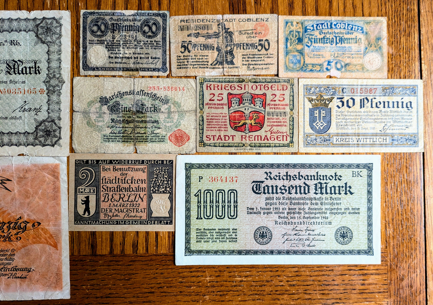 Lot of 10 German World War I Pfennig and Mark Notgeld Emergency Notes - Post-WWI German Inflation Note - Local and Government Issues