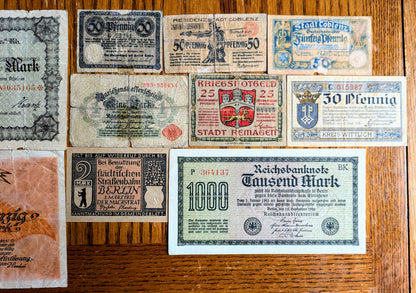 Lot of 10 German World War I Pfennig and Mark Notgeld Emergency Notes - Post-WWI German Inflation Note - Local and Government Issues