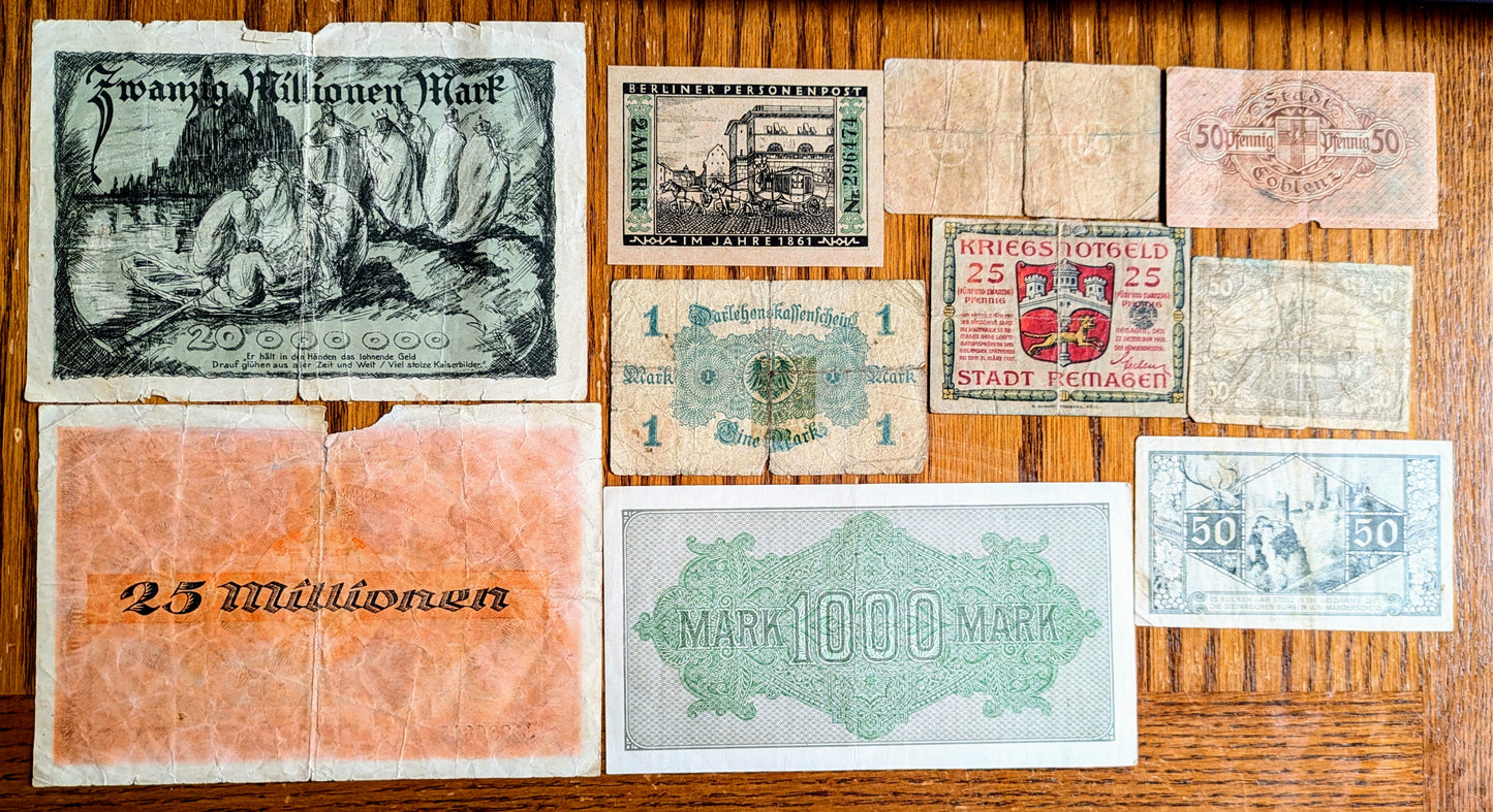 Lot of 10 German World War I Pfennig and Mark Notgeld Emergency Notes - Post-WWI German Inflation Note - Local and Government Issues