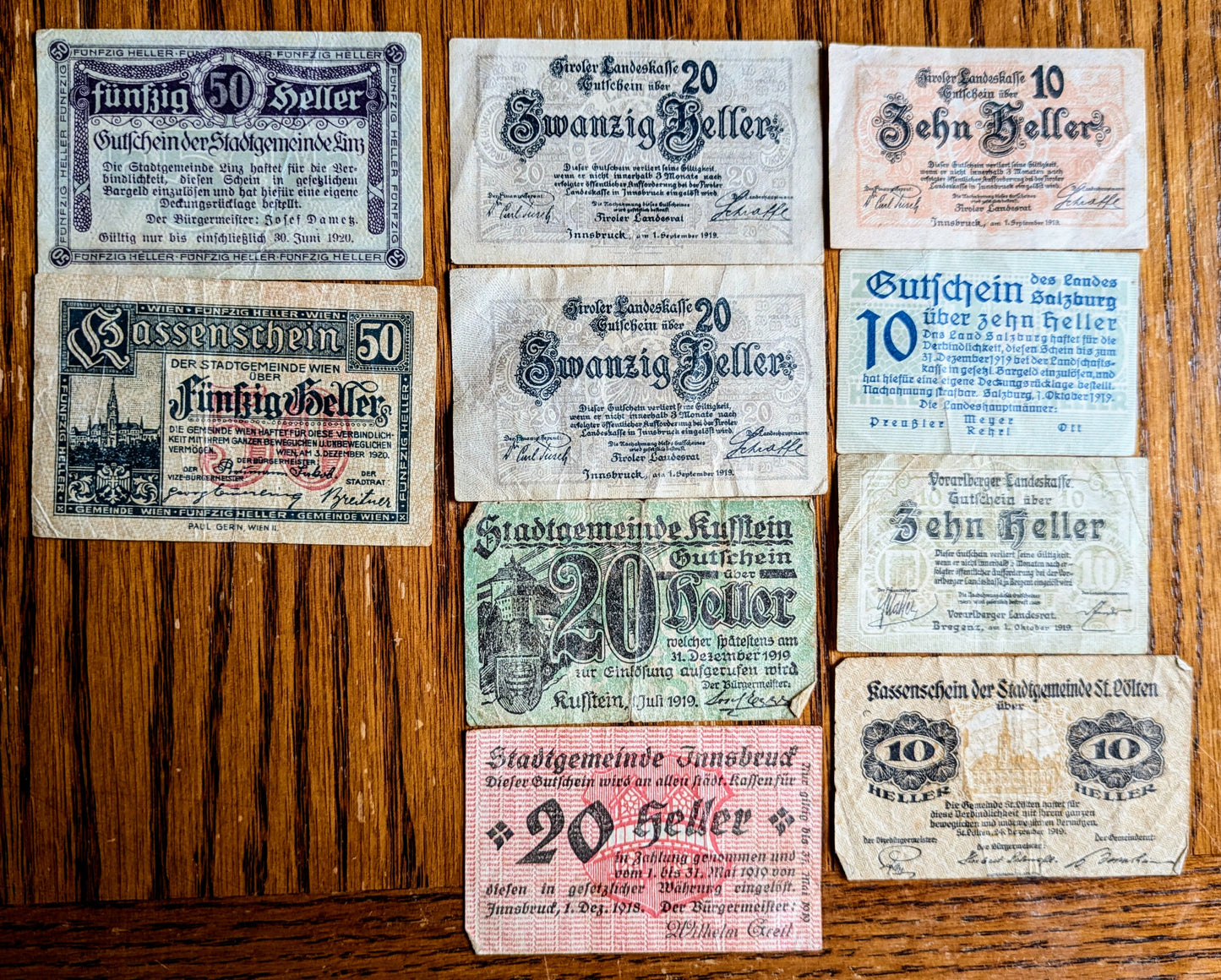 Lot of 10 WWI Austria Heller Notgeld Emergency Notes - 10, 20, and 50 Heller - WWI Austrian Notgeld - 1920 Austria Heller Municipal Notes