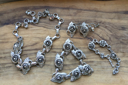 Set of Silvertone Rose Rhinestone Jewelry - Necklaces, Bracelets, & Earrings - Silver Rose Jewelry