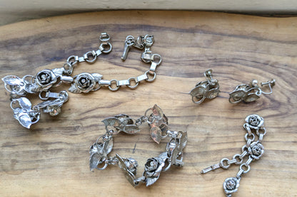 Set of Silvertone Rose Rhinestone Jewelry - Necklaces, Bracelets, & Earrings - Silver Rose Jewelry