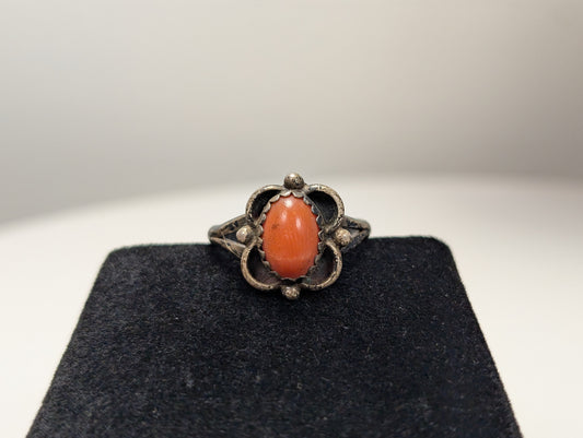 Sterling Silver Native American Southwest Coral Solitaire Ring - Size 7 - Tested Sterling Silver - Zuni Coral Solitaire Ring
