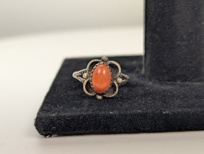 Sterling Silver Native American Southwest Coral Solitaire Ring - Size 7 - Tested Sterling Silver - Zuni Coral Solitaire Ring
