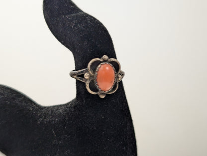 Sterling Silver Native American Southwest Coral Solitaire Ring - Size 7 - Tested Sterling Silver - Zuni Coral Solitaire Ring