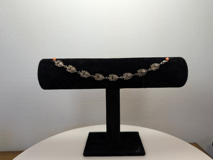 Sterling Silver Floral Heart Bracelet - 7.5 Inches - Stamped and Tested Sterling Silver - Very Old Bracelet