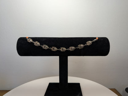 Sterling Silver Floral Heart Bracelet - 7.5 Inches - Stamped and Tested Sterling Silver - Very Old Bracelet