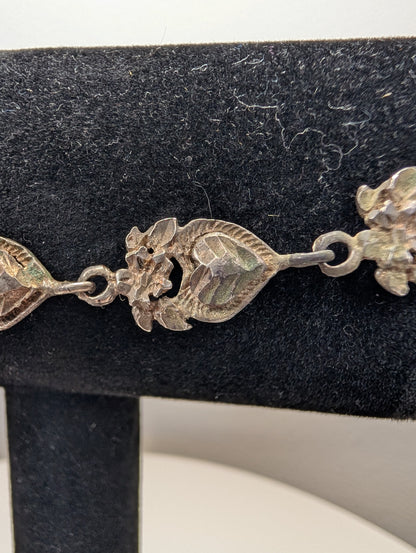 Sterling Silver Floral Heart Bracelet - 7.5 Inches - Stamped and Tested Sterling Silver - Very Old Bracelet