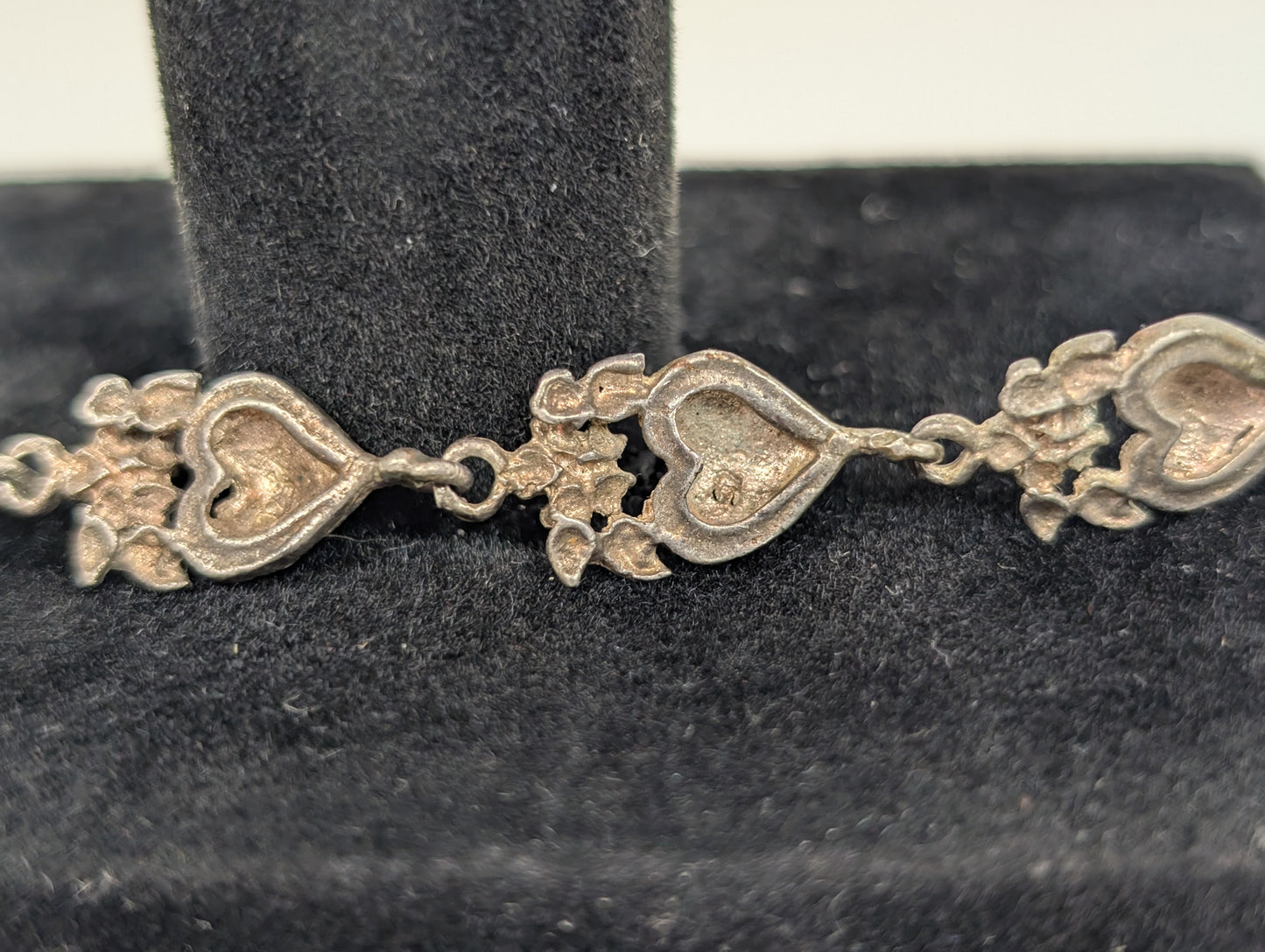 Sterling Silver Floral Heart Bracelet - 7.5 Inches - Stamped and Tested Sterling Silver - Very Old Bracelet