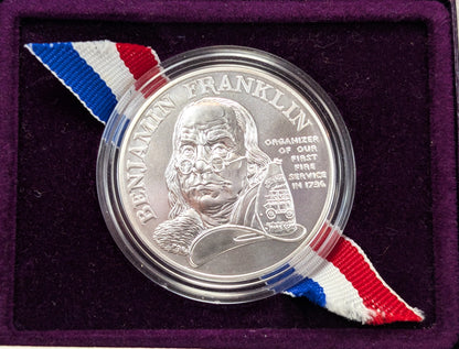 1992-P 1 ozt .999 Silver Benjamin Franklin Firefighters Commemorative Medal Philadelphia W/ Box and COA