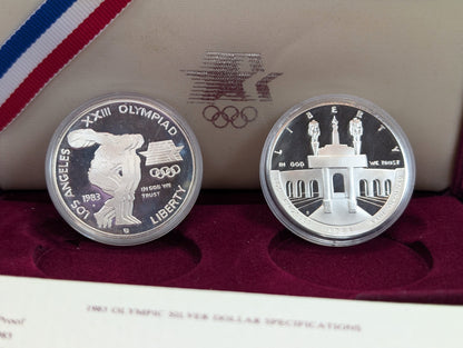 1983-S & 1984-S $1 Silver Dollar Proof Los Angeles Olympics 2 Coin Set w/Box & COA
