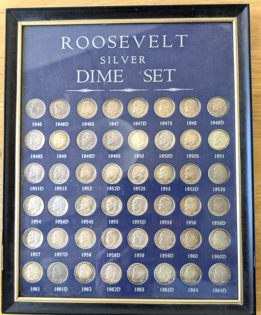 Full Collection of Roosevelt Silver Dimes 1946-1964 - Great Conditions - Dime Collection in Display Case