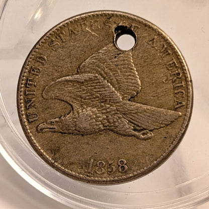 1858 U.S. Flying Eagle One Cent Large Letter Coin Holed for Jewelry XF AU Detail