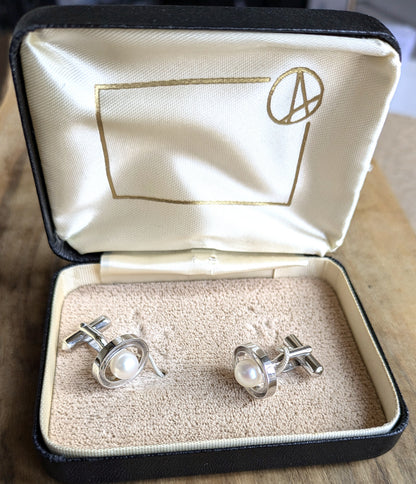 Antique Silver and Pearl Accent Cufflinks Set - Vintage Pearl and Silver Decorative Cufflink Pair