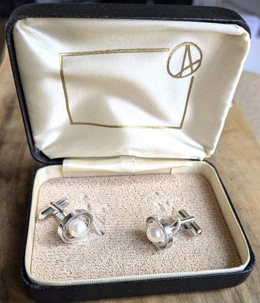 Antique Silver and Pearl Accent Cufflinks Set - Vintage Pearl and Silver Decorative Cufflink Pair