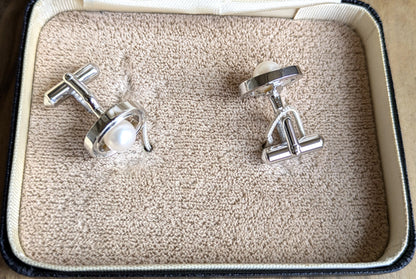 Antique Silver and Pearl Accent Cufflinks Set - Vintage Pearl and Silver Decorative Cufflink Pair