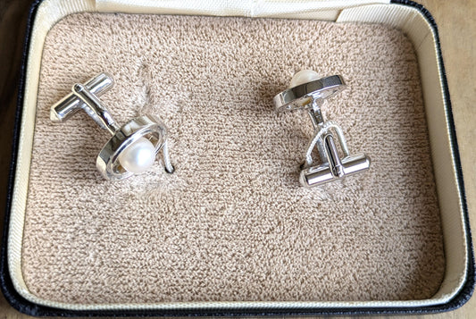 Antique Silver and Pearl Accent Cufflinks Set - Vintage Pearl and Silver Decorative Cufflink Pair