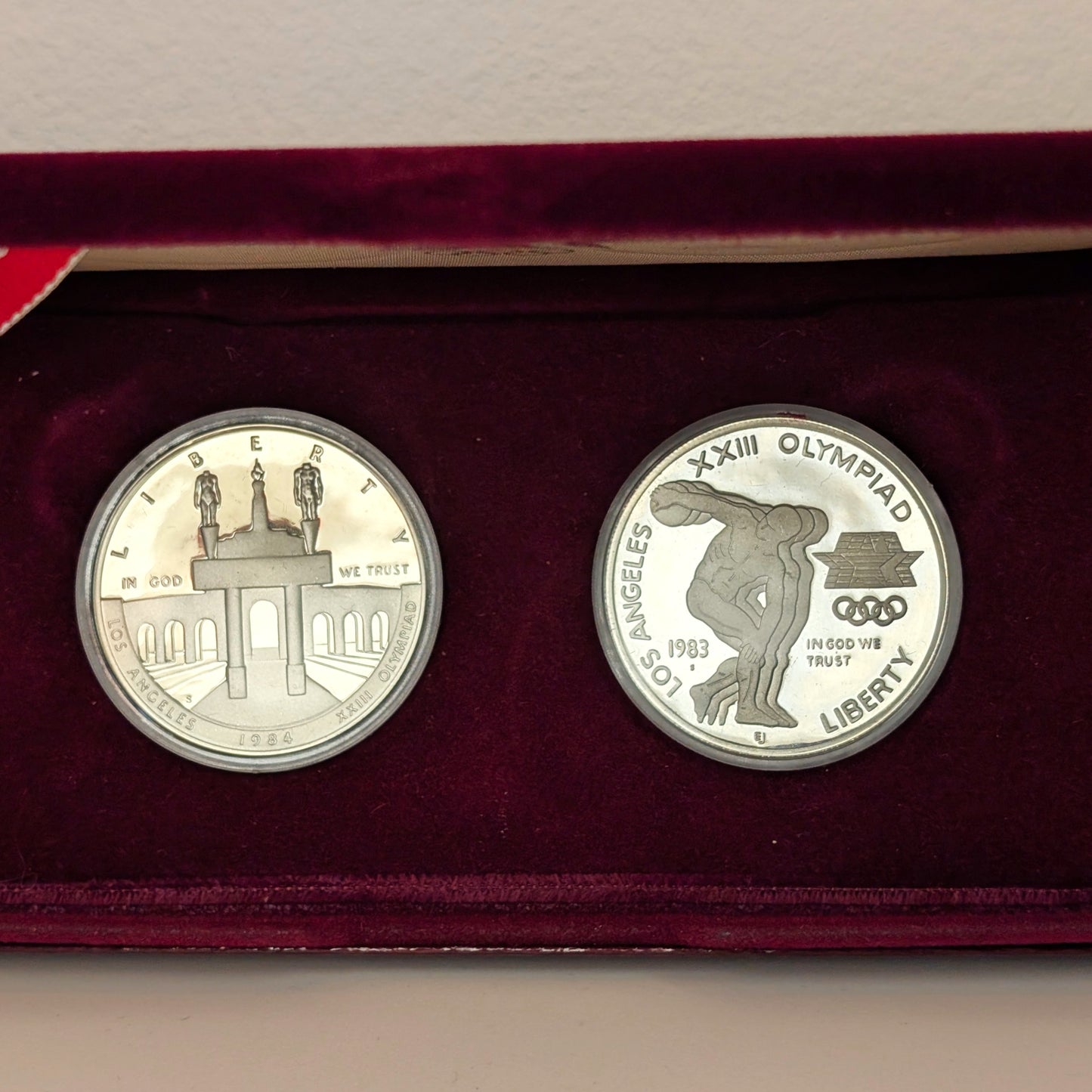 1983-S & 1984-S $1 Silver Dollar Proof Los Angeles Olympics 2 Coin Set w/Box & COA