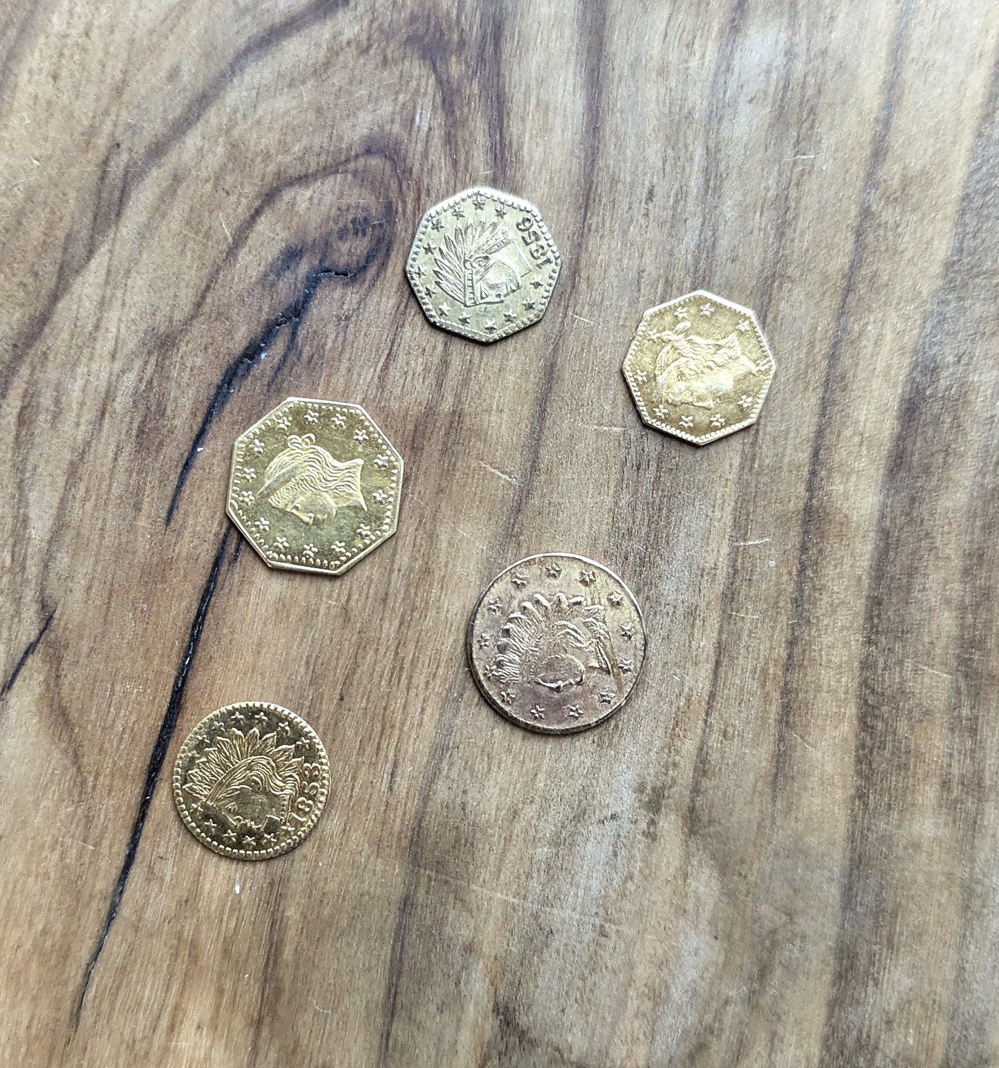 California Gold Rush Lot of Five Play Money Miniature Coins - Lot of 5 Cali Gold Miniature Play Money