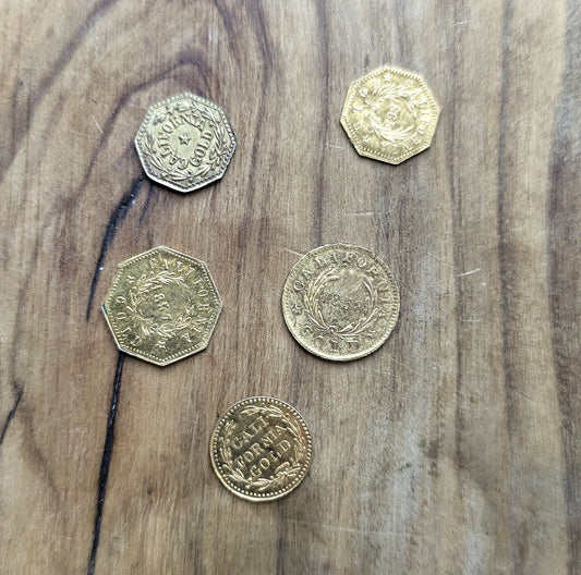 California Gold Rush Lot of Five Play Money Miniature Coins - Lot of 5 Cali Gold Miniature Play Money