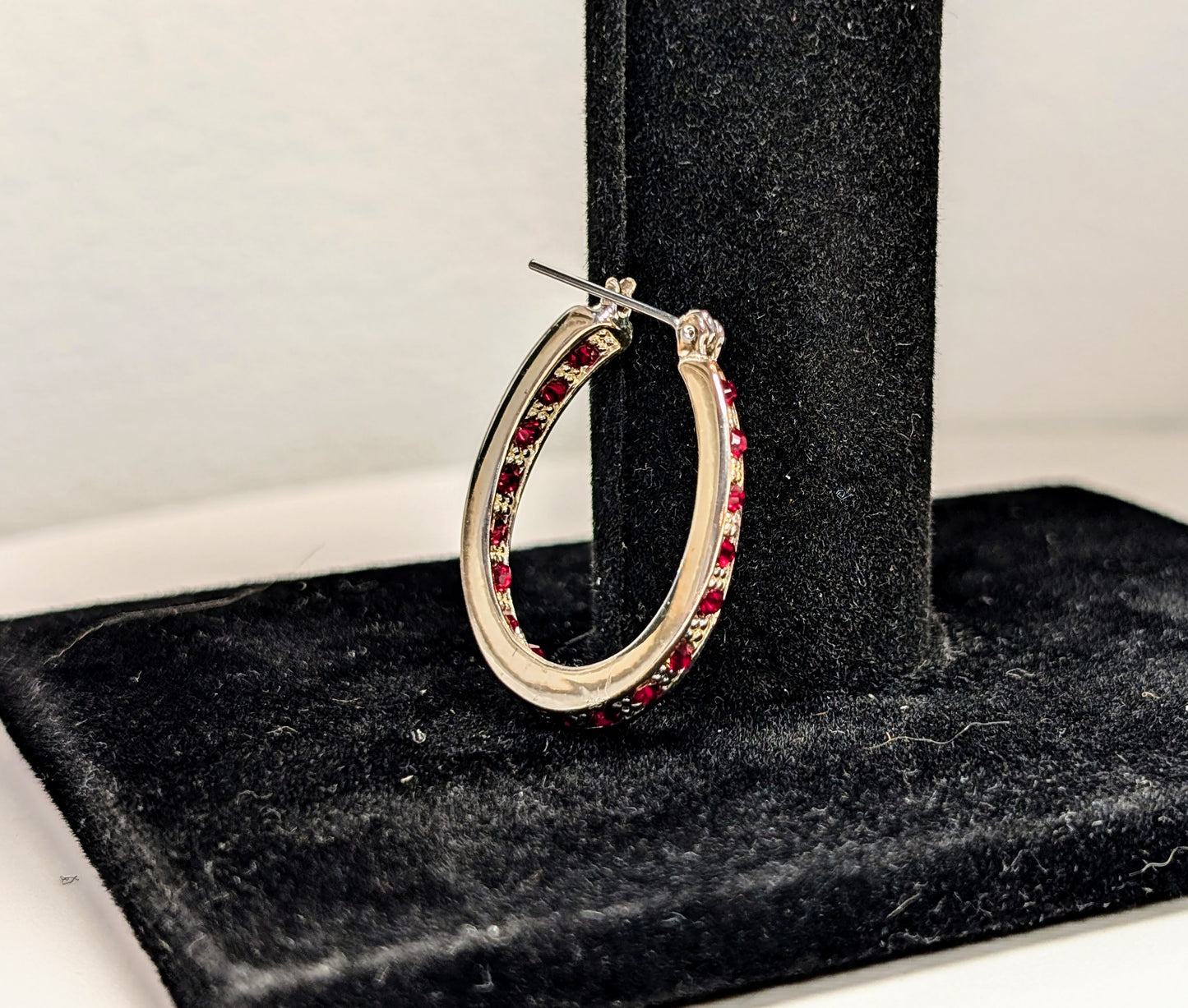 2008 Avon Silvertone Birthstone January Garnet Hoop Earrings in Box - New Old Stock (NOS) - Silver Avon 2008 Garnet Jan. Birthday Earrings